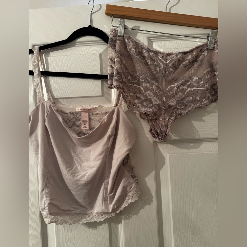 Victoria's Secret Lace Trim Camisole and Panty Set - Soft Gray/Pink/Purple